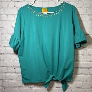 Women's Ruby Rd Turquoise Scoop Neck Studded Tie Front Top Casual Knit Petite LG